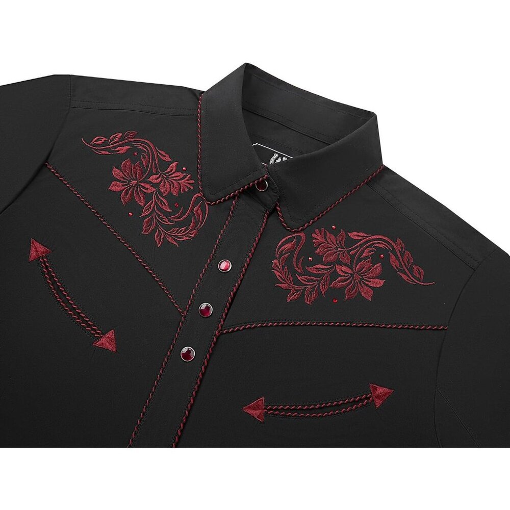 Women's Black Red Embroidered Western Cowgirl Slim Button Down Long Sleeve Shirt - Picture 2 of 3